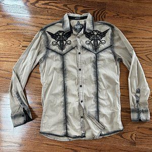 ROAR: Coincide Embroidered Button Down Shirt - Size Med Tan Black
